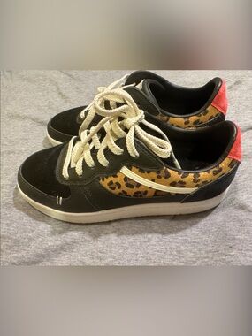 LABEL Black and Cream Leopard and Red Suede Accent Women’s Leather Sneakers